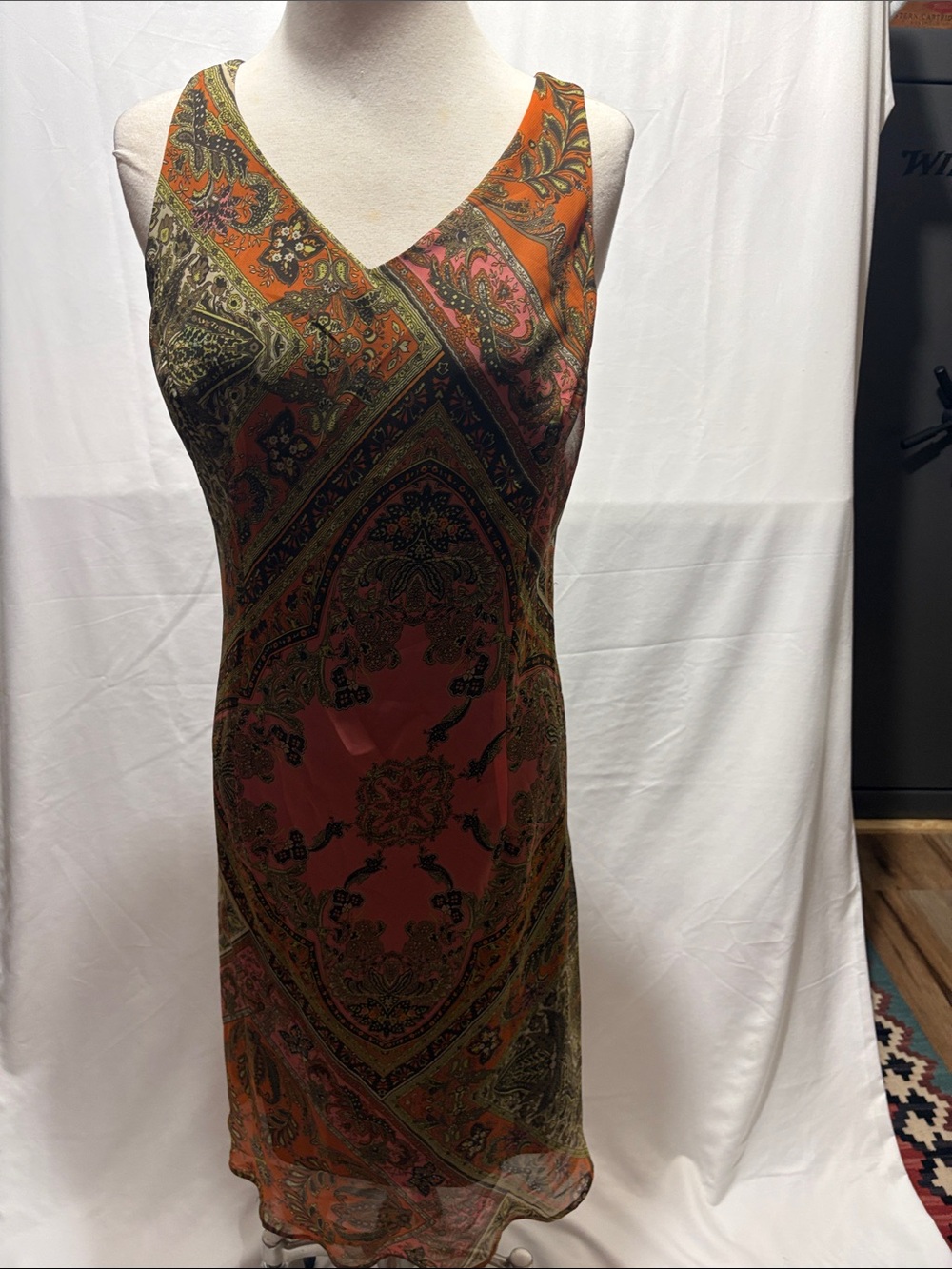 V-Neck Orange Paisley Midi Dress